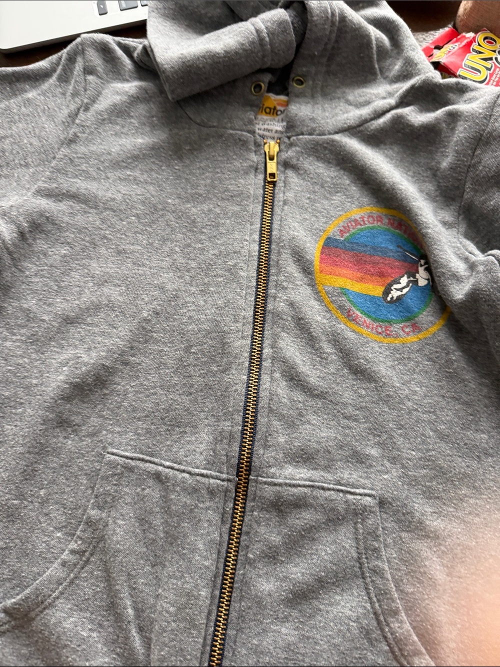 Aviator Nation Gray Zip Hoodie with Rainbow Surf Patch